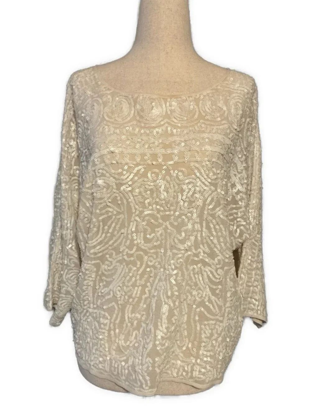 Club Monaco Ivory Silk Sequin Beaded round neck 3/4 Sleeve Blouse Top XS